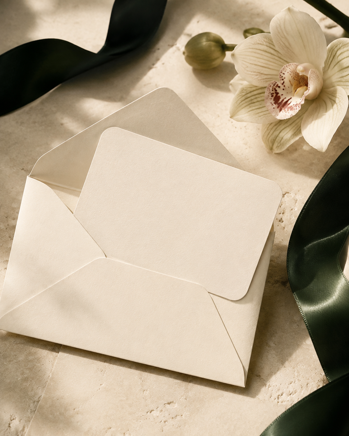 Premium digitale Amorati cadeaubon met ivoorkleurige envelop, groen lint en orchidee