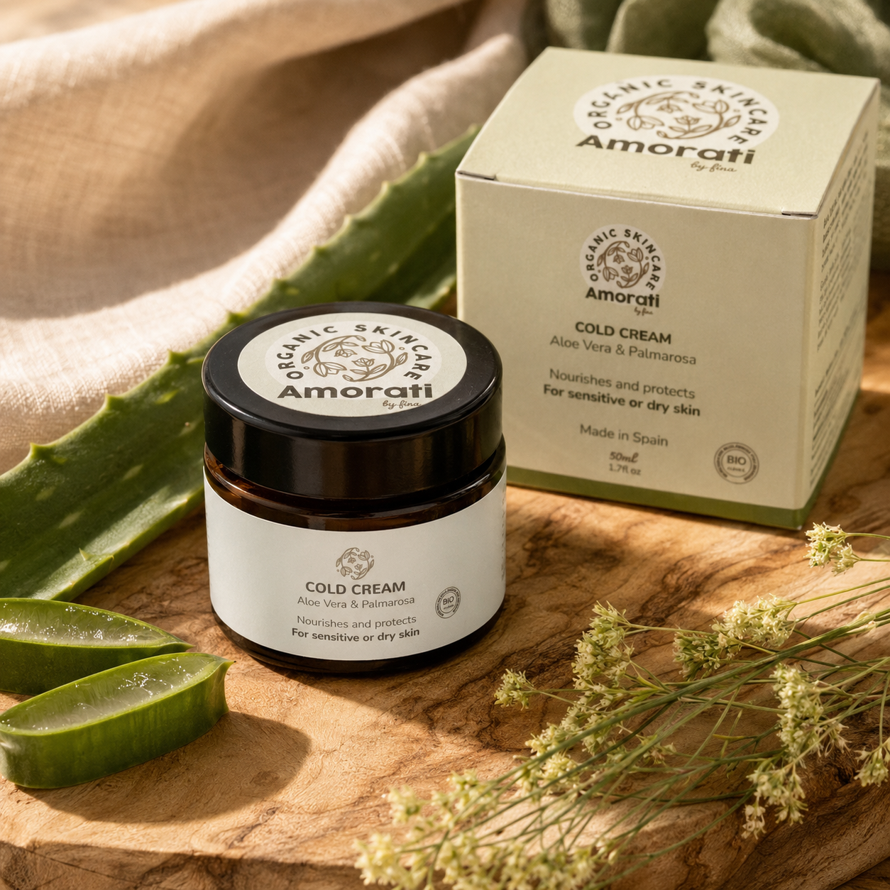 Amorati Cold Cream met aloë vera, palmarosa en originele Amorati by fina-verpakking