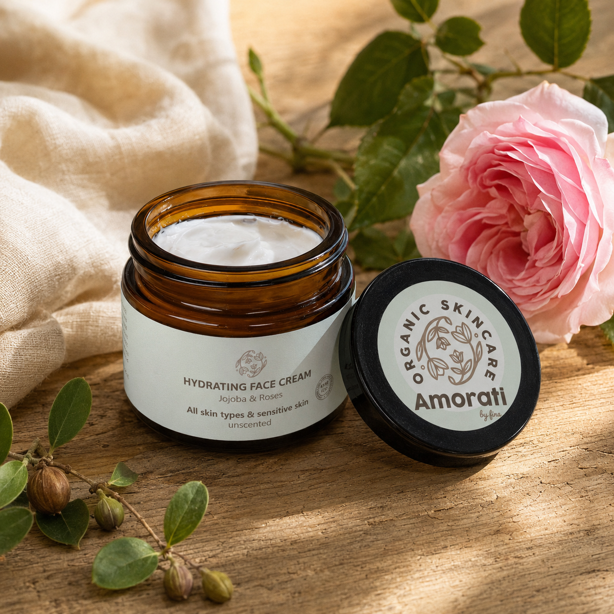 Amorati Hydraterende Dagcrème met roos, jojoba en originele Amorati by fina-verpakking