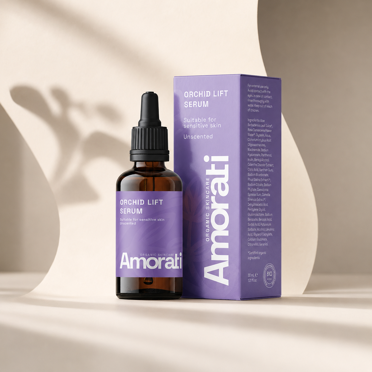 Amorati Orchid Lift Serum en verpakking in minimalistische warme luxe