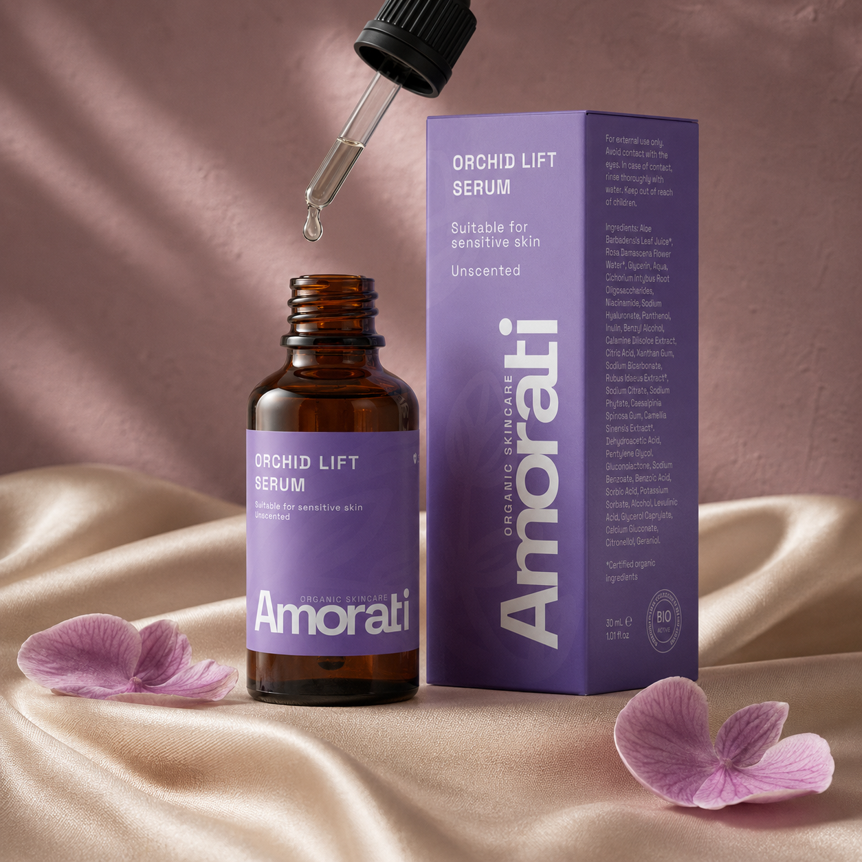 Amorati Orchid Lift Serum met originele flacon, verpakking, pipet en één serumdruppel